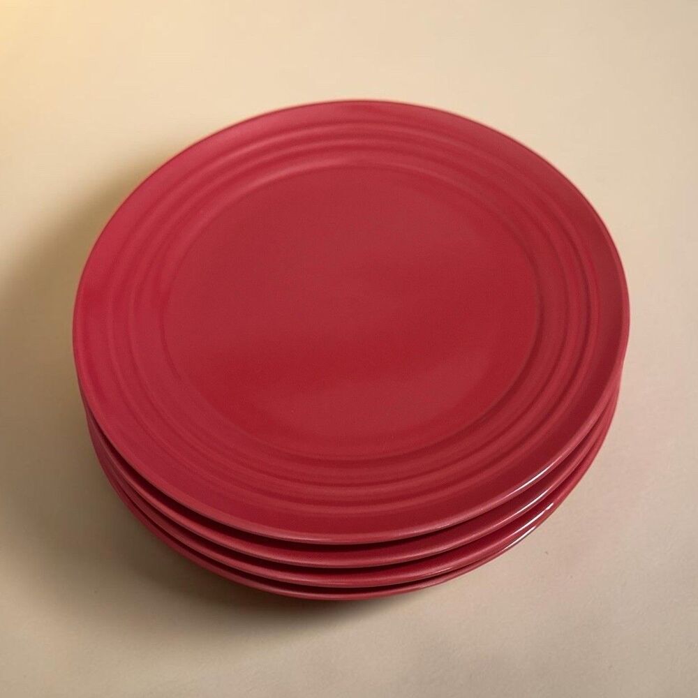 Rachael Ray Double Ridge Red 11” Ceramic Dinner Plates - Set of 4 - H024